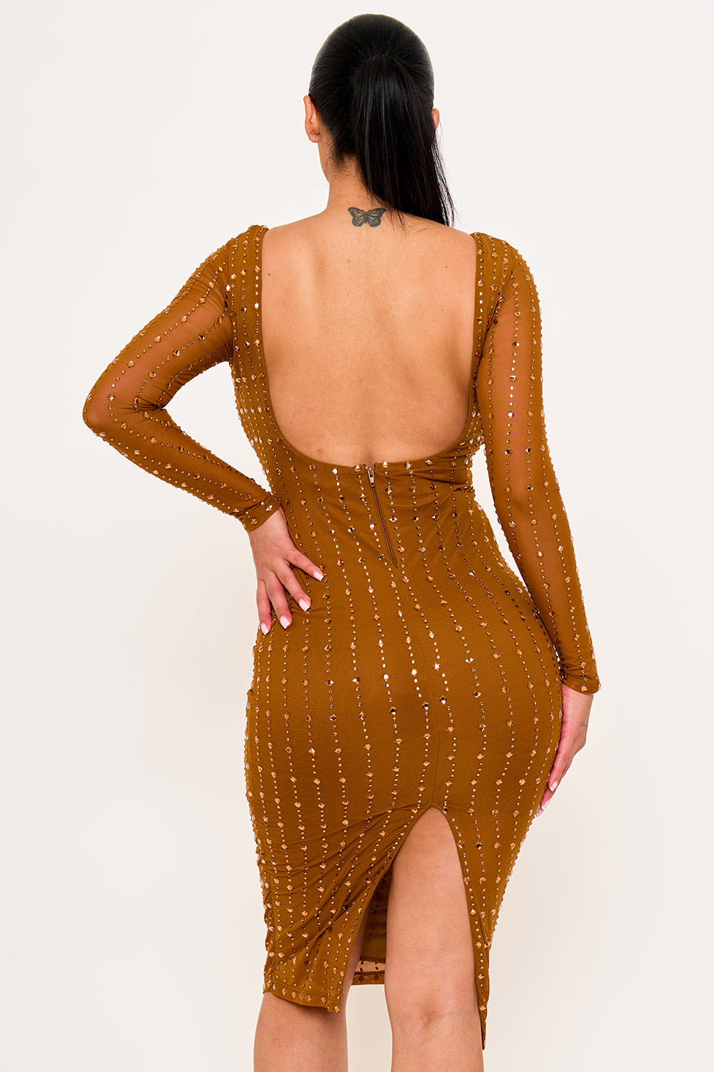 Symphony Dress - Square Rhinestone On Mesh Midi Dress