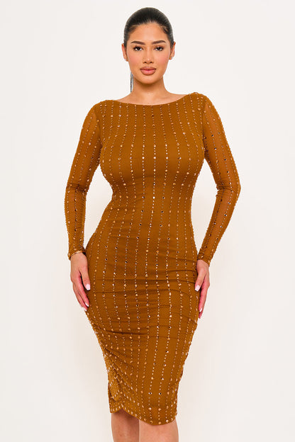 Symphony Dress - Square Rhinestone On Mesh Midi Dress