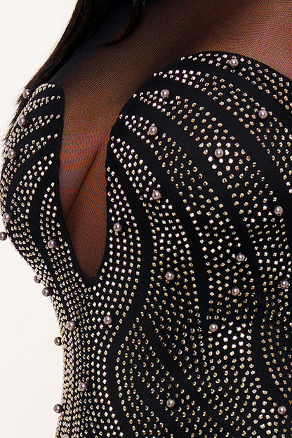 Symphony Dress - Patterned Rhinestone And Pearl On Mesh Mini Dress