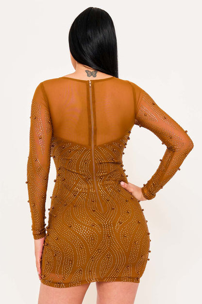 Symphony Dress - Patterned Rhinestone And Pearl On Mesh Mini Dress
