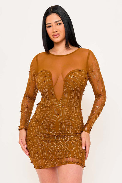 Symphony Dress - Patterned Rhinestone And Pearl On Mesh Mini Dress