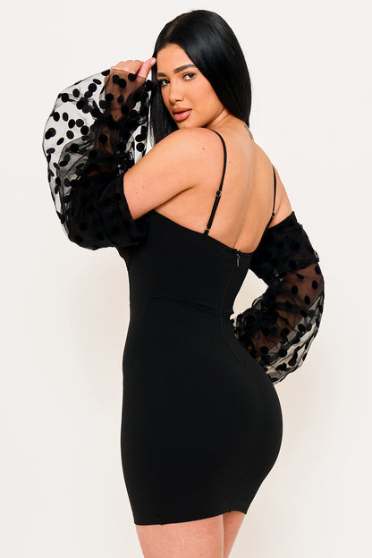 Symphony Dress - Polkadot On Mesh Long Balloon Sleeve Mini Dress