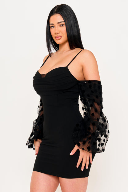 Symphony Dress - Polkadot On Mesh Long Balloon Sleeve Mini Dress