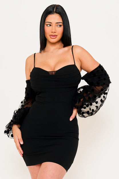 Symphony Dress - Polkadot On Mesh Long Balloon Sleeve Mini Dress