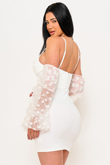 Symphony Dress - Polkadot On Mesh Long Balloon Sleeve Mini Dress