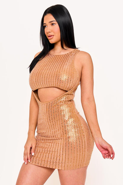 Symphony Dress - Rhinestone On Slinky Foil Crop Top Mini Dress