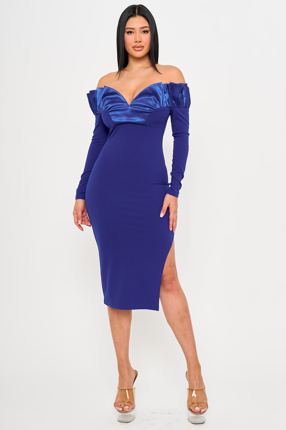 Symphony Dress - Off The Shoulder With Satin Ruffle Top Midi Dress
