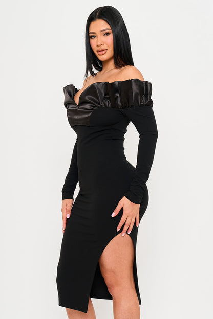 Symphony Dress - Off The Shoulder With Satin Ruffle Top Midi Dress