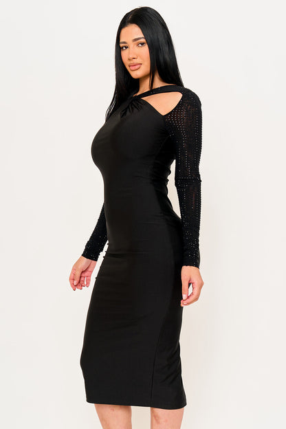 Symphony Dress - Rhinestone On Mesh Sleeve Satin Midi Dress