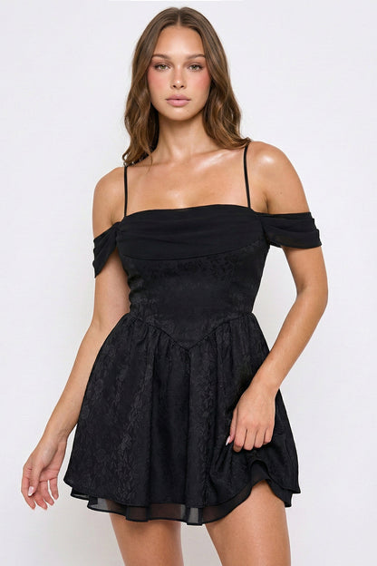 Symphony Dress - Floral Jacquard Open Shoulder Mini Dress