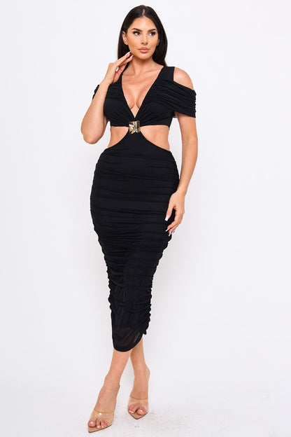 Symphony Dress - Mesh Shirring On Open Shoulder With Cutout Waist Midi Dress
