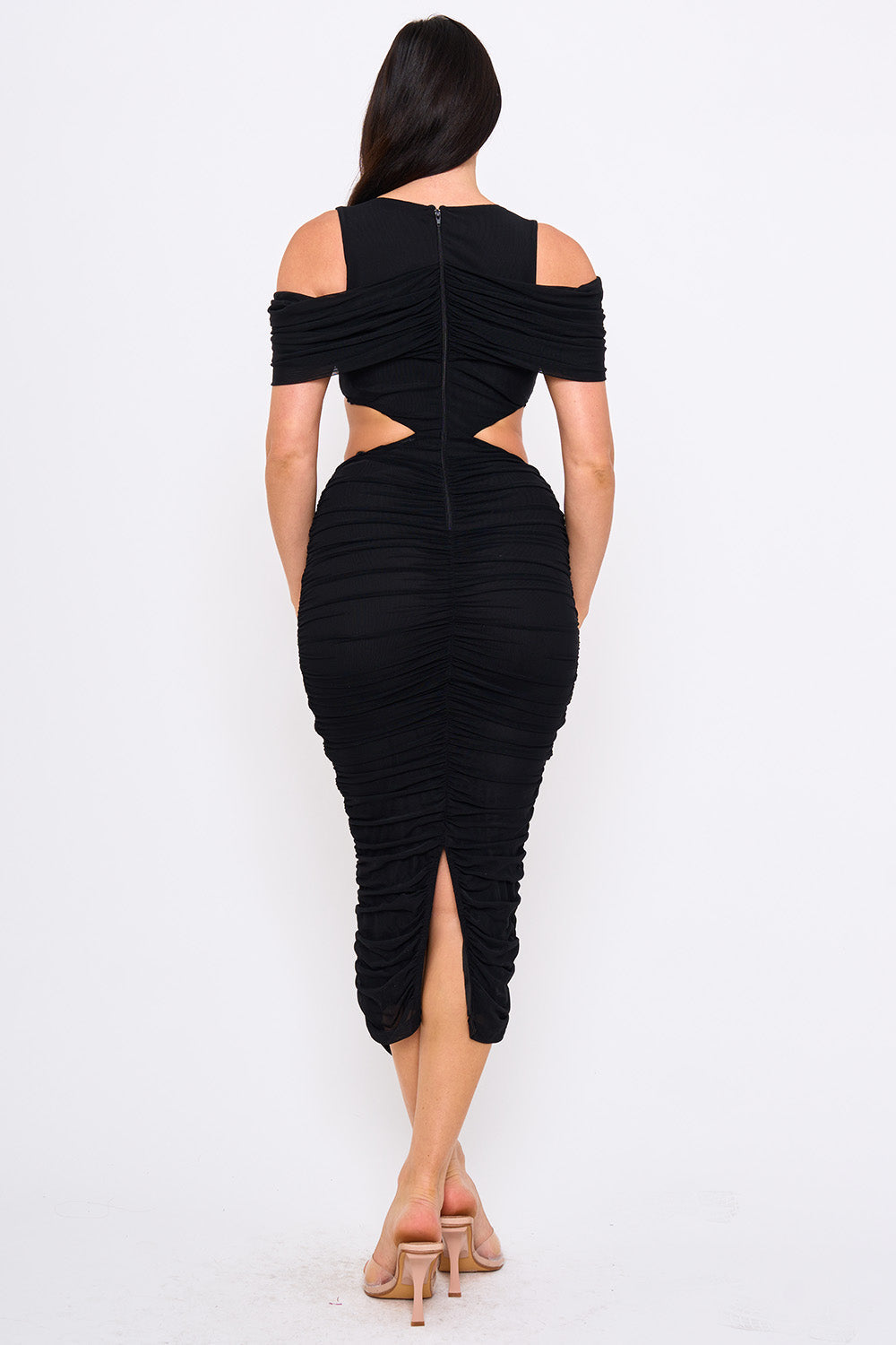 Symphony Dress - Mesh Shirring On Open Shoulder With Cutout Waist Midi Dress