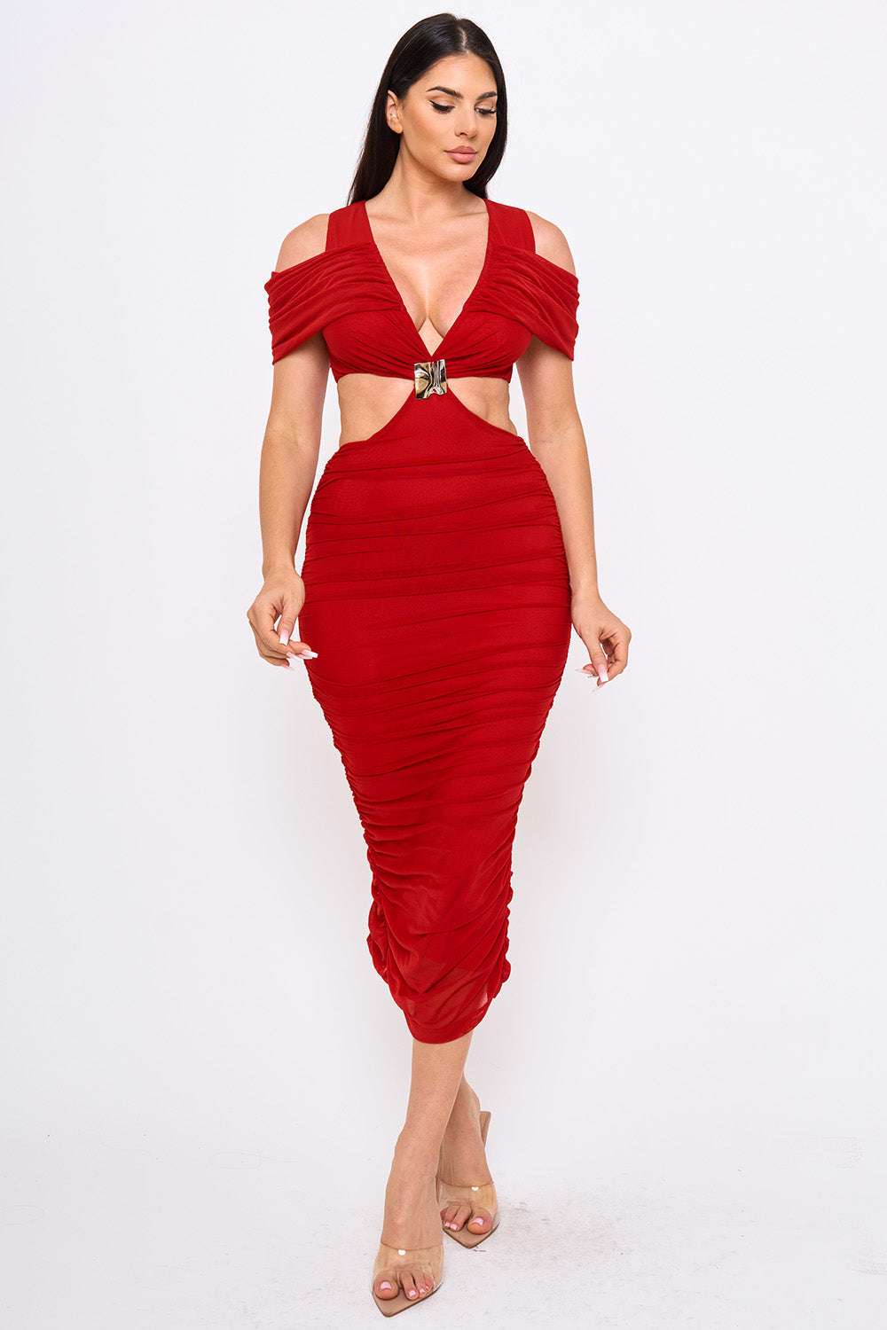 Symphony Dress - Mesh Shirring On Open Shoulder With Cutout Waist Midi Dress