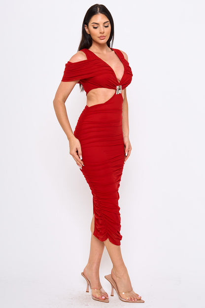 Symphony Dress - Mesh Shirring On Open Shoulder With Cutout Waist Midi Dress