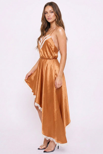 Symphony Dress - Lace Trim Detail Hi Low Midi Dress