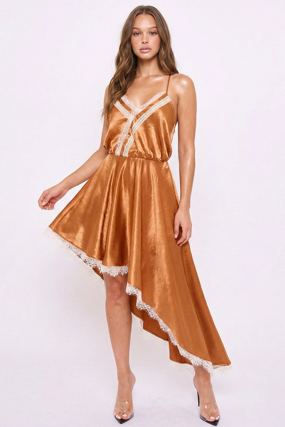 Symphony Dress - Lace Trim Detail Hi Low Midi Dress