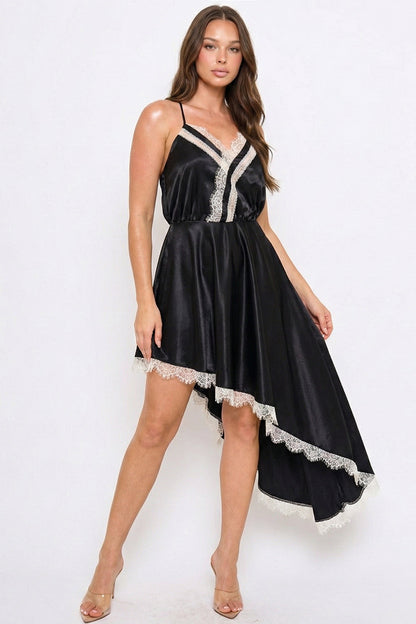 Symphony Dress - Lace Trim Detail Hi Low Midi Dress