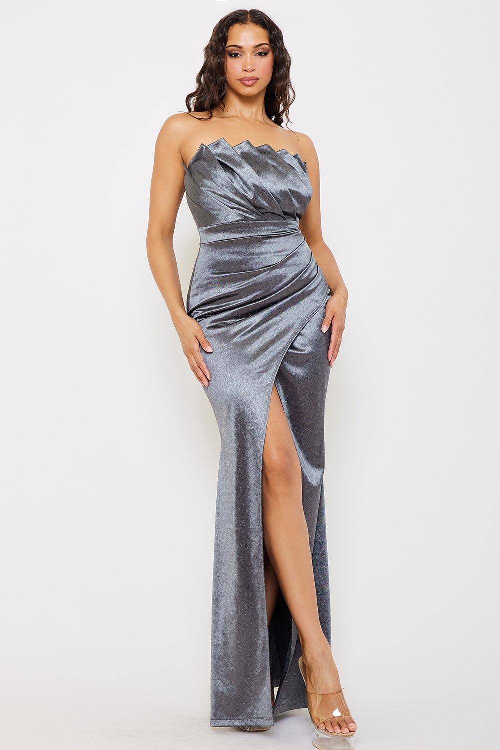 Symphony Dress - Glittered Satin Pleated Maxi Dress