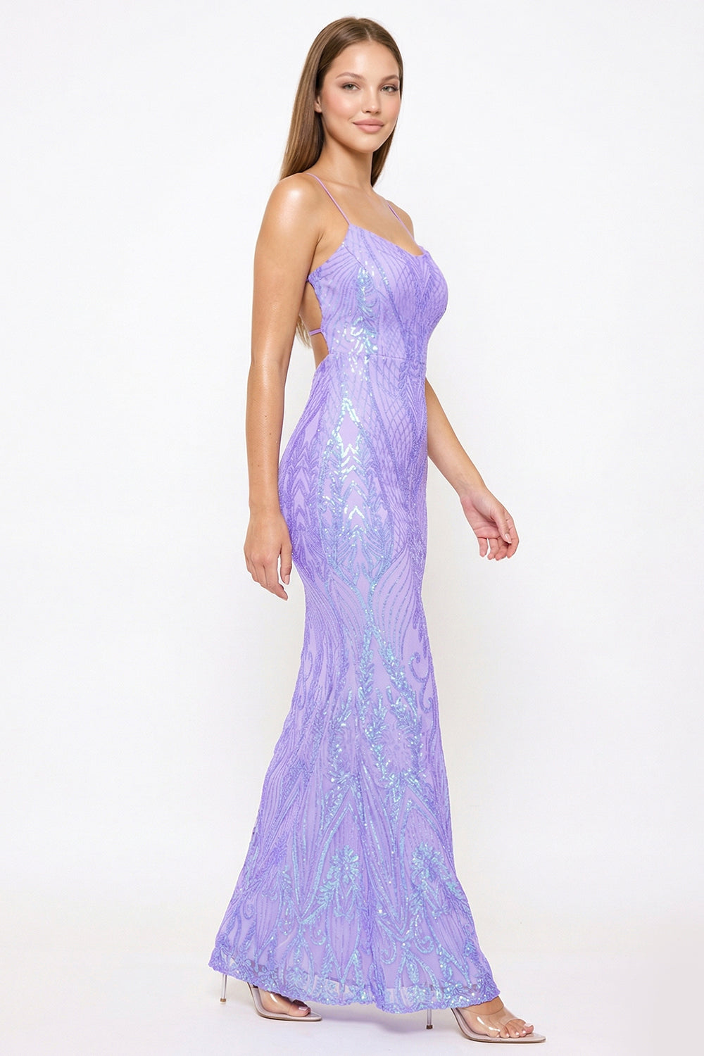 Symphony Dress - Scroll Pattered On Mesh Fabric Maxi Dress
