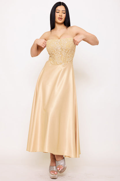 Symphony Dress - Lace And Dull Satin Paneled Maxi Dress