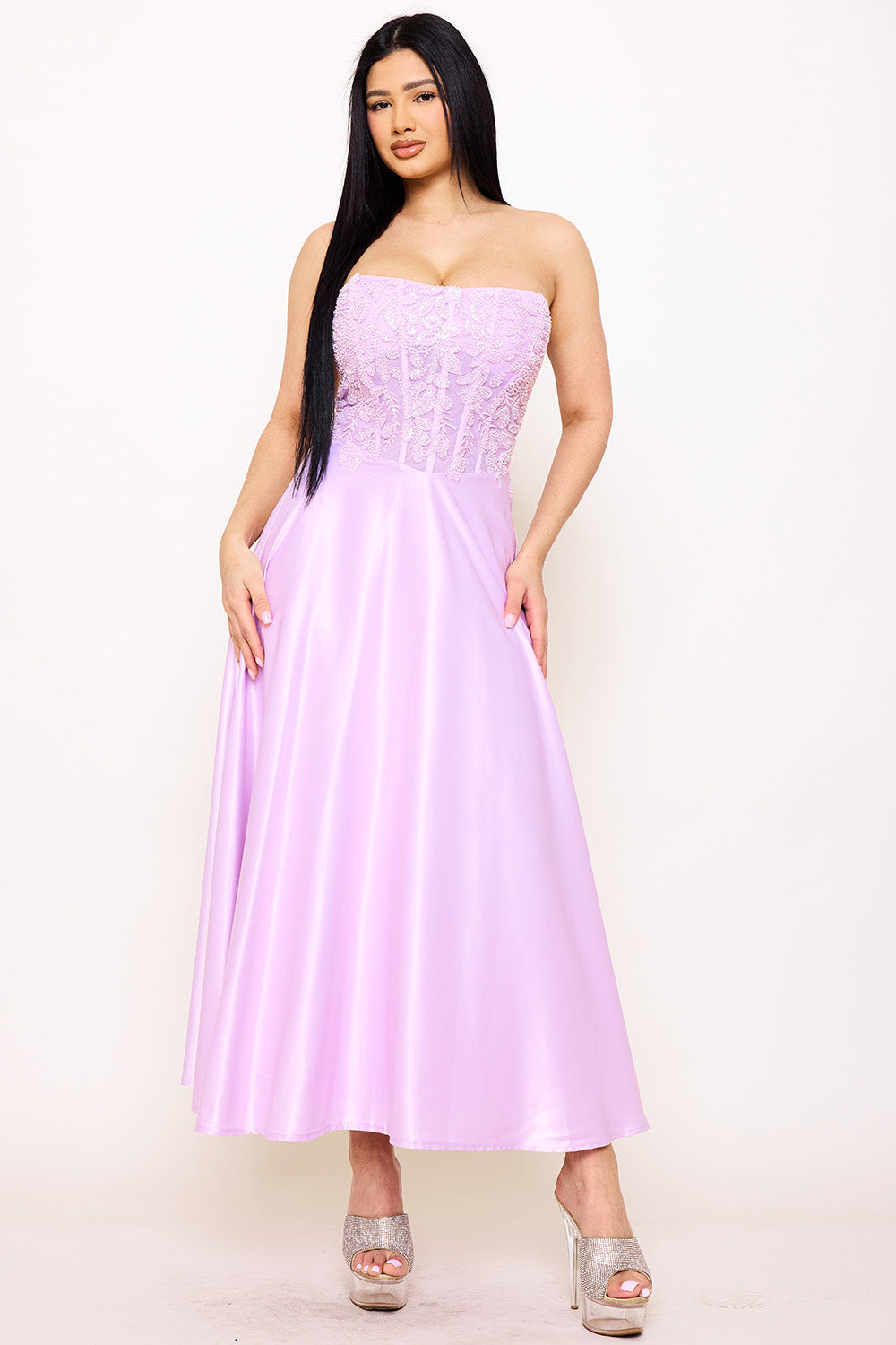 Symphony Dress - Lace And Dull Satin Paneled Maxi Dress