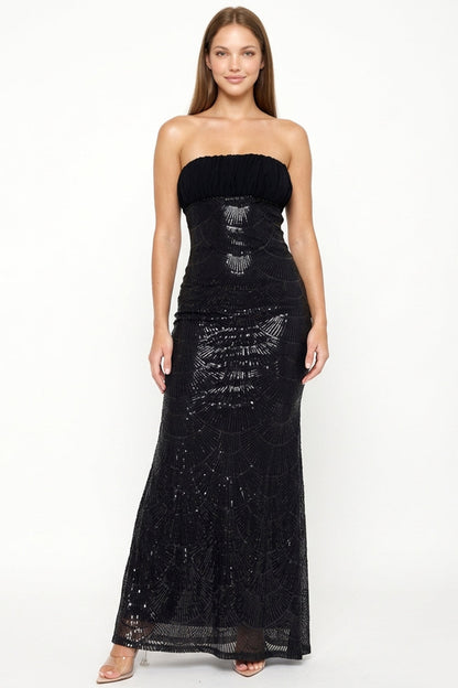 Symphony Dress - Scallope Sequin On Mesh Tube Top Maxi Dress