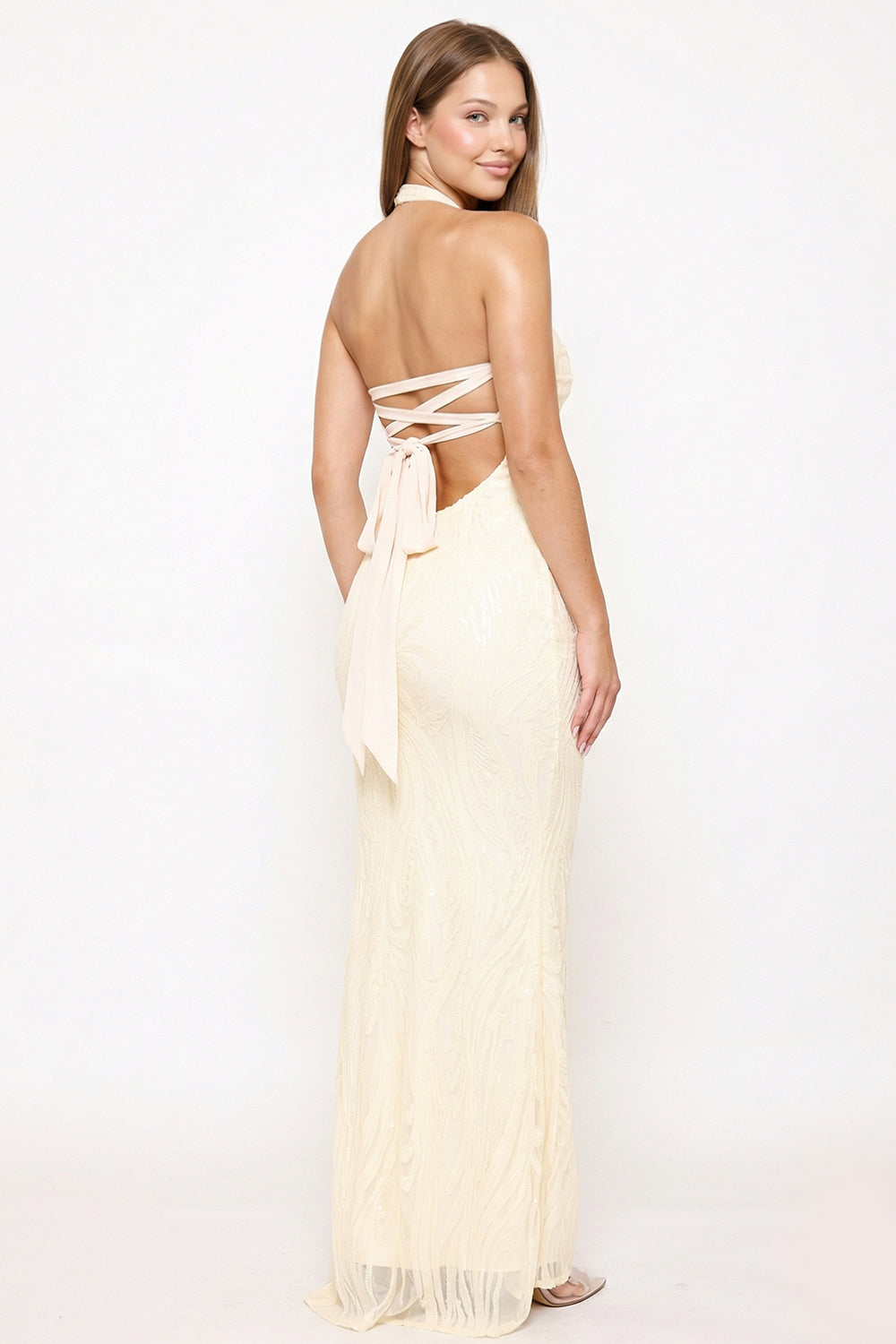 Symphony Dress - Patterned Sequin Mermaid Halter Top Maxi Dress