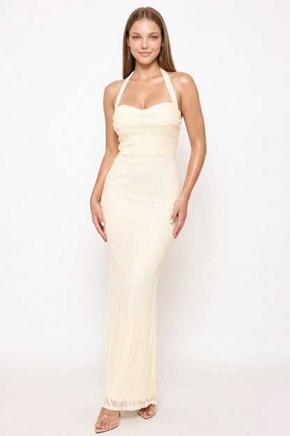 Symphony Dress - Patterned Sequin Mermaid Halter Top Maxi Dress