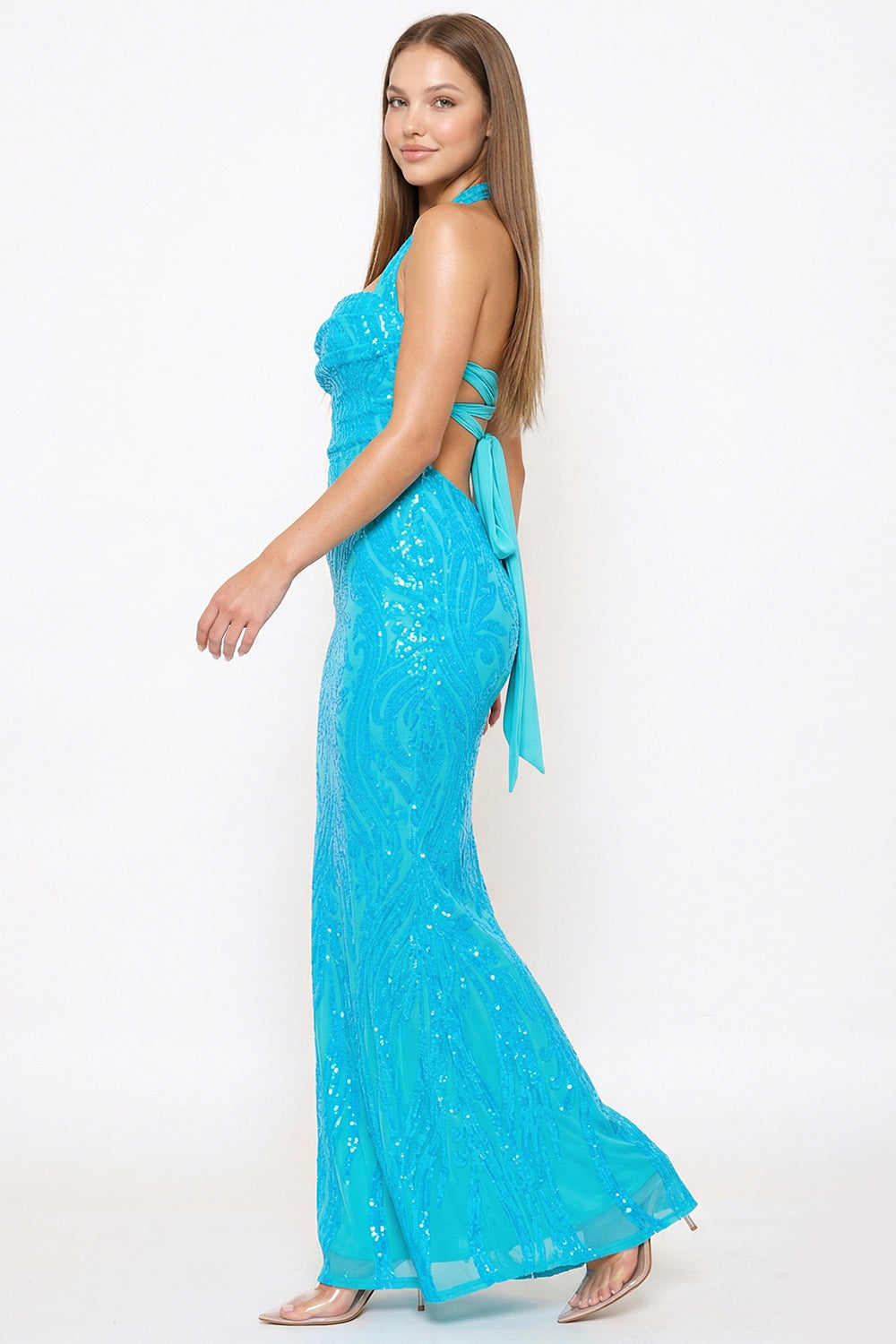Symphony Dress - Patterned Sequin Mermaid Halter Top Maxi Dress