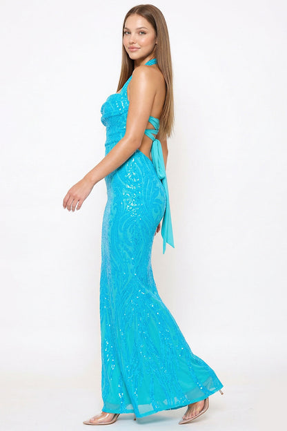 Symphony Dress - Patterned Sequin Mermaid Halter Top Maxi Dress
