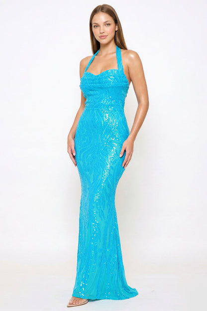 Symphony Dress - Patterned Sequin Mermaid Halter Top Maxi Dress