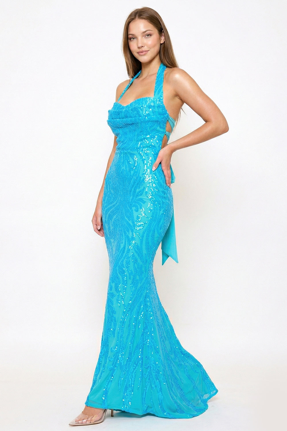 Symphony Dress - Patterned Sequin Mermaid Halter Top Maxi Dress