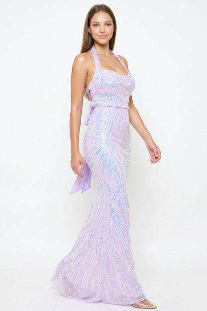 Symphony Dress - Patterned Sequin Mermaid Halter Top Maxi Dress