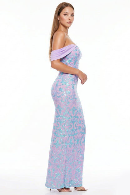 Symphony Dress - Sequin Scroll Pattern On Mesh Maxi Dress