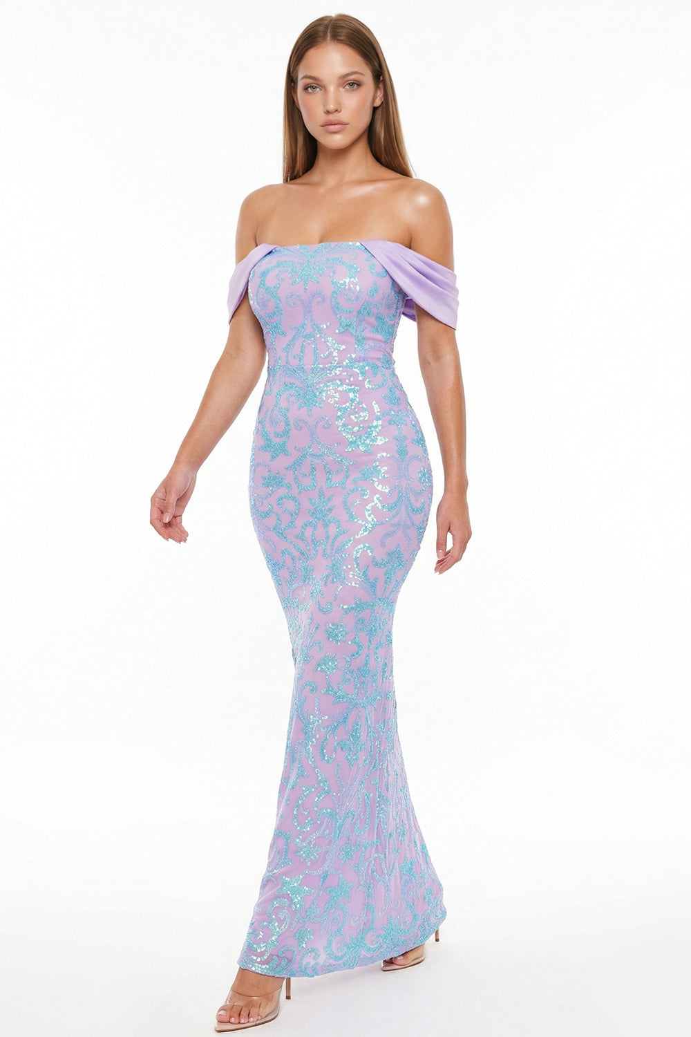 Symphony Dress - Sequin Scroll Pattern On Mesh Maxi Dress