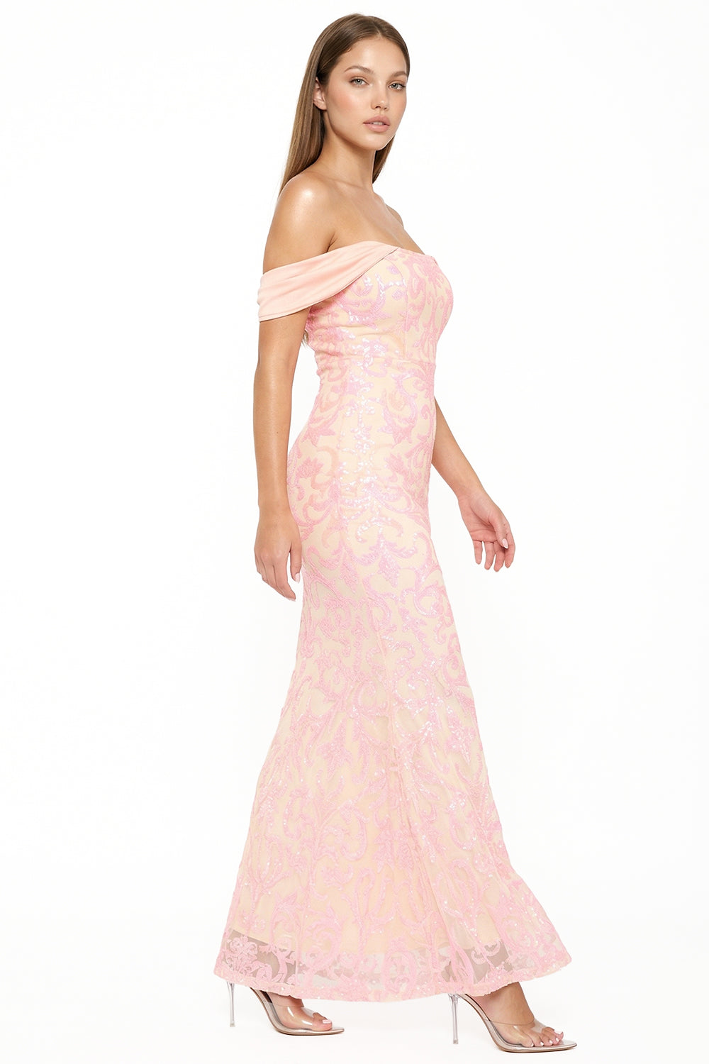 Symphony Dress - Sequin Scroll Pattern On Mesh Maxi Dress