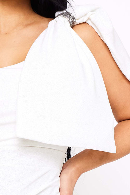 Symphony Dress - Glitter With One Shoulder Oversized Bow On Sleeve Maxi Dress