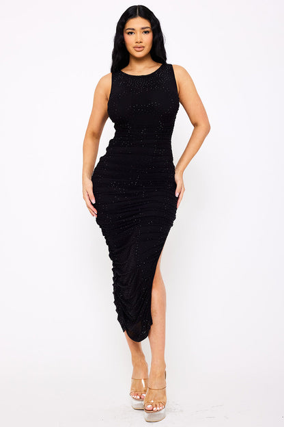 Symphony Dress - Rhinestone Ruched Long Dress