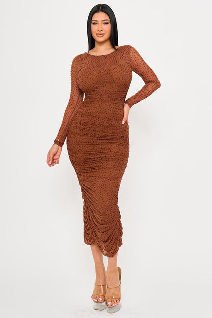 Symphony Dress - Rhinestone On Mesh Pleated Long Dress