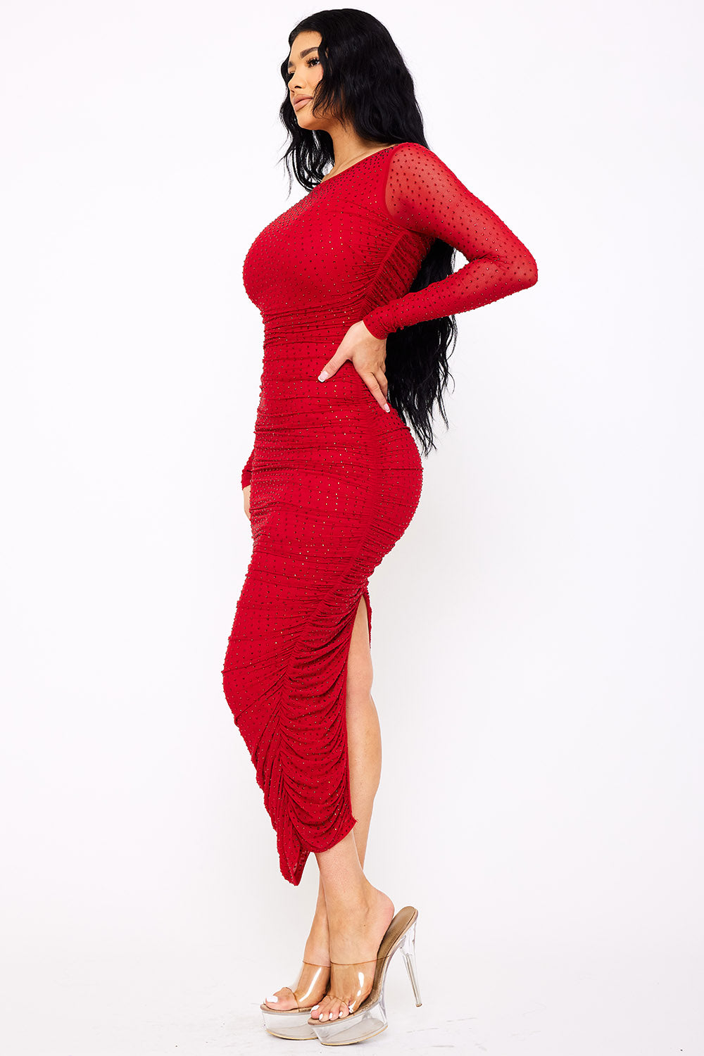 Symphony Dress - Rhinestone On Mesh Pleated Long Dress