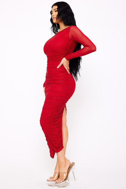 Symphony Dress - Rhinestone On Mesh Pleated Long Dress