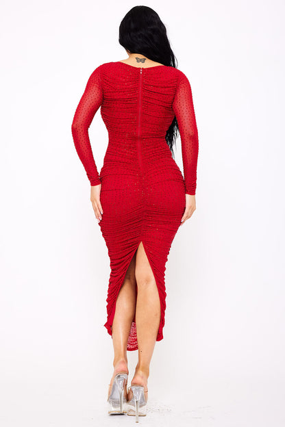 Symphony Dress - Rhinestone On Mesh Pleated Long Dress