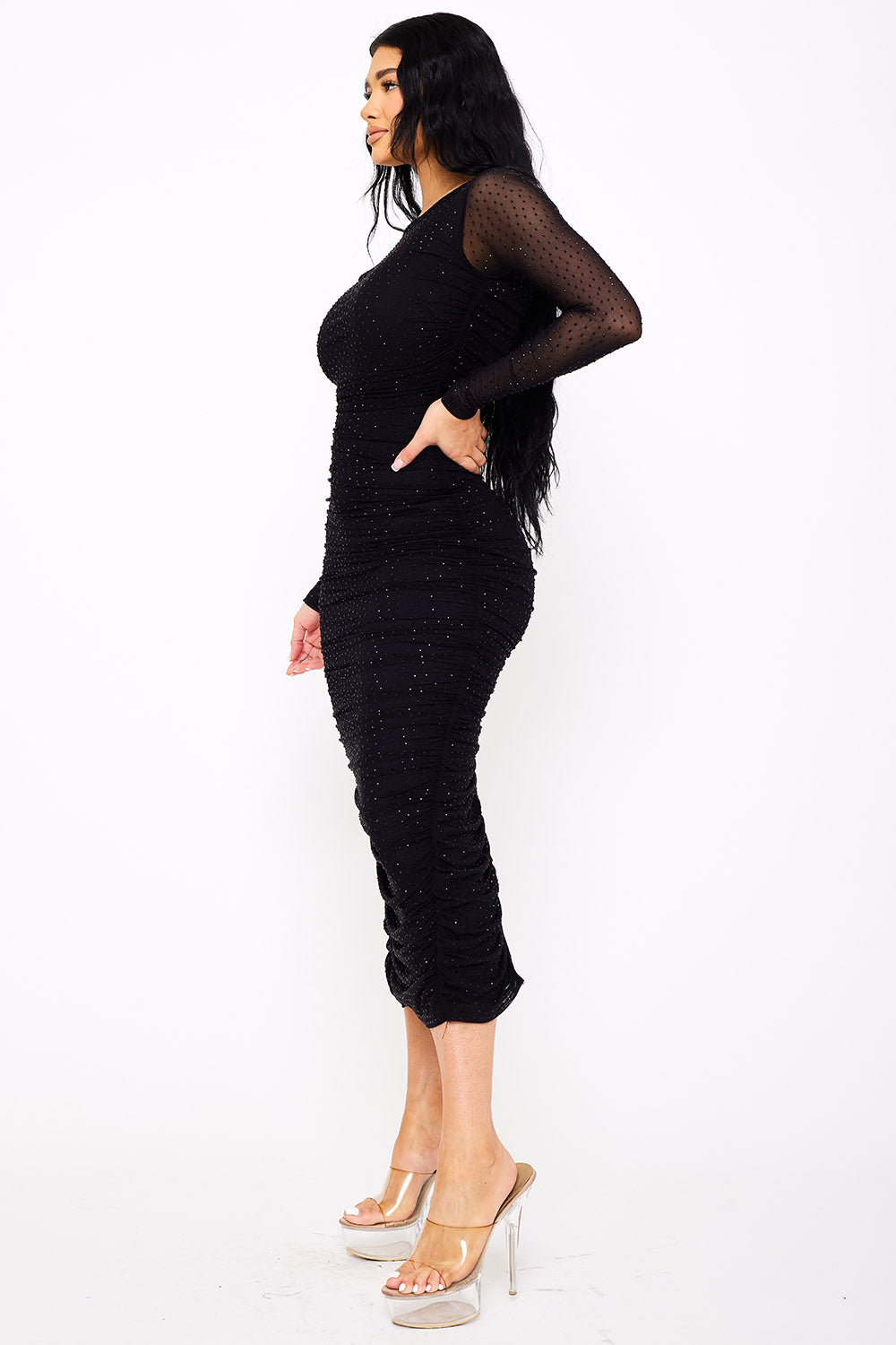 Symphony Dress - Rhinestone On Mesh Pleated Long Dress