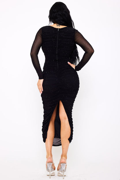 Symphony Dress - Rhinestone On Mesh Pleated Long Dress