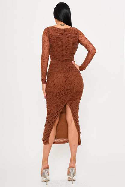 Symphony Dress - Rhinestone On Mesh Pleated Long Dress