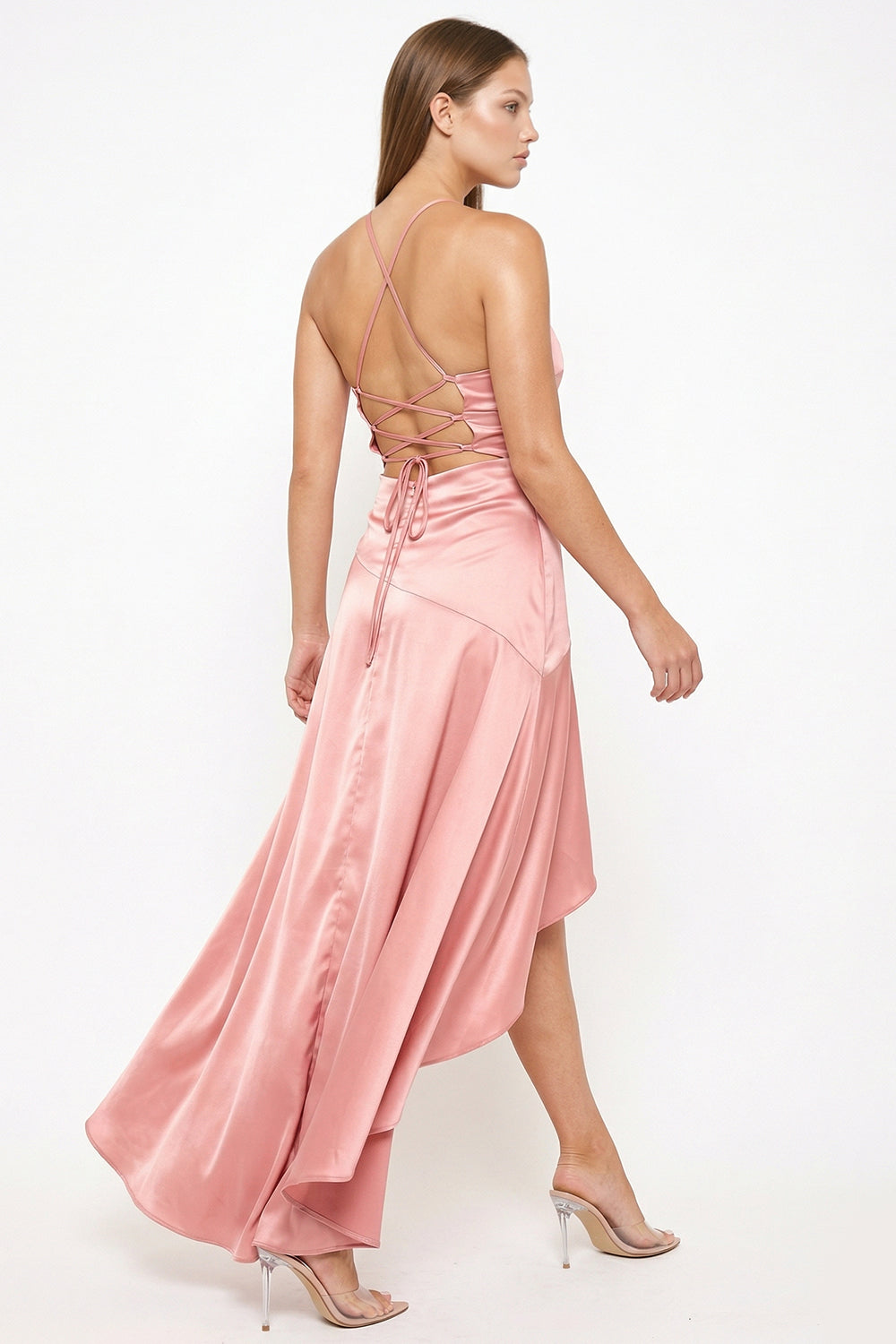 Symphony Dress - Satin Suplice Ruffle Hi-Low Maxi Dress