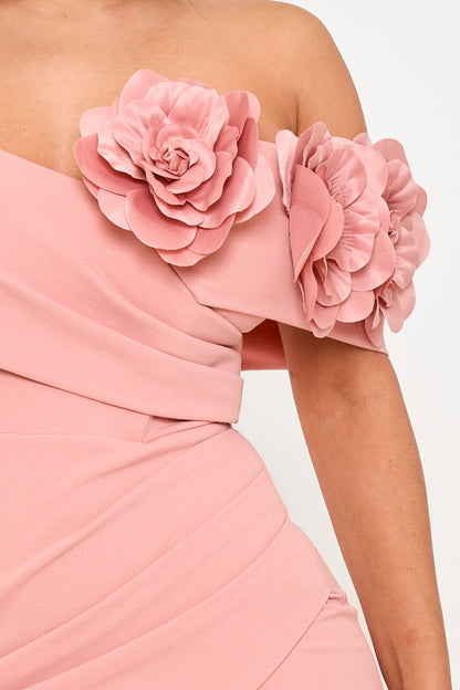 Symphony Dress - Flower Corsage On One Side Off The Shoulder Maxi Dress