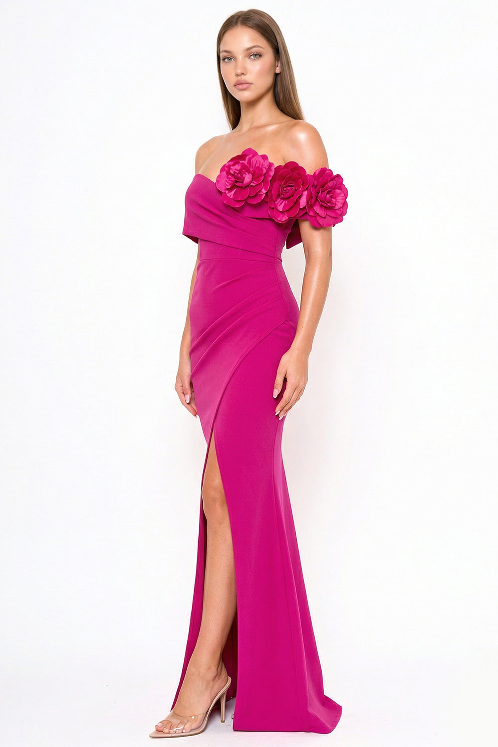 Symphony Dress - Flower Corsage On One Side Off The Shoulder Maxi Dress