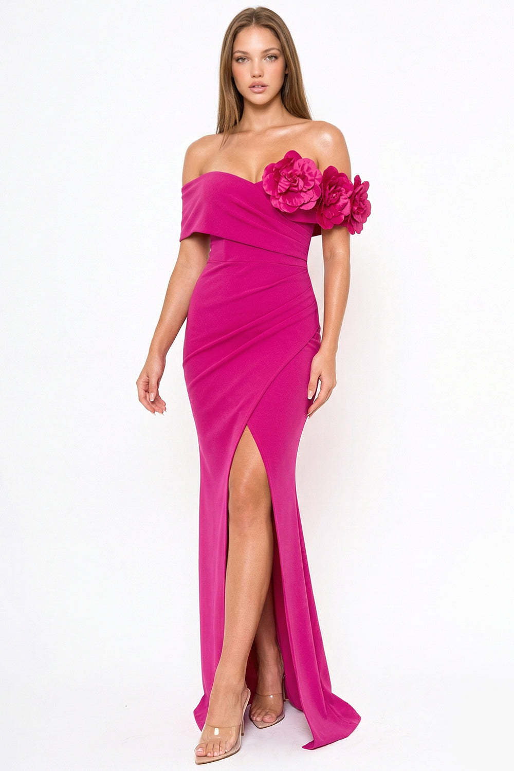 Symphony Dress - Flower Corsage On One Side Off The Shoulder Maxi Dress