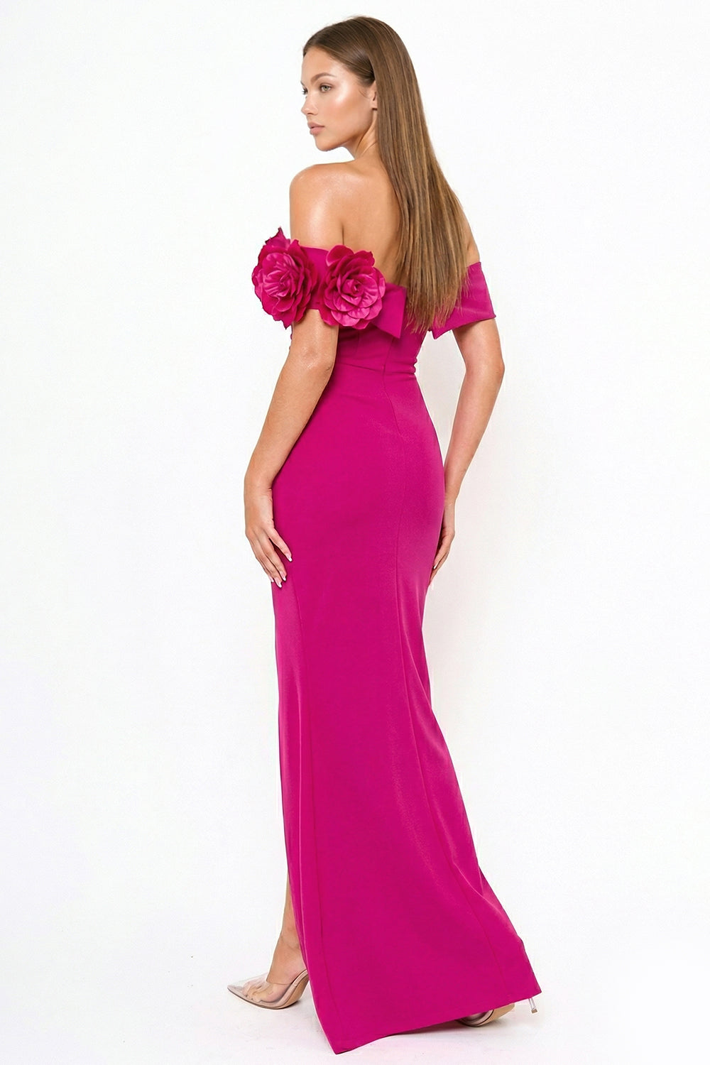 Symphony Dress - Flower Corsage On One Side Off The Shoulder Maxi Dress